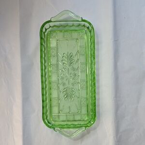 Vintage Jeanette Glass Doric Pattern Uranium Depression Glass Handled Tray